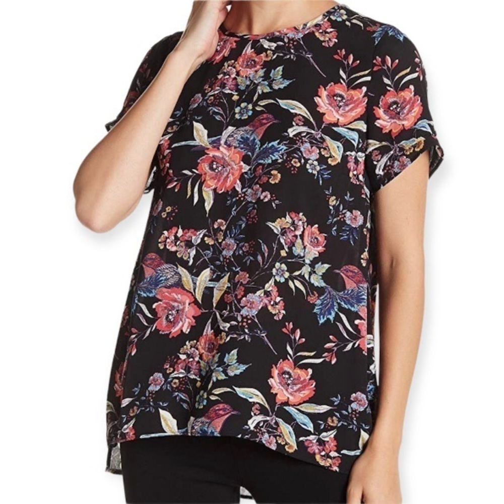DR2 Petite Medium Daniel Rainn Floral And Birds Black Top Blouse Shirt